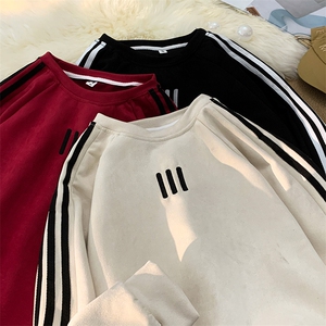 麂皮绒卫衣男春秋季日系复古条纹套头上衣服重磅宽松休闲无帽外套图片