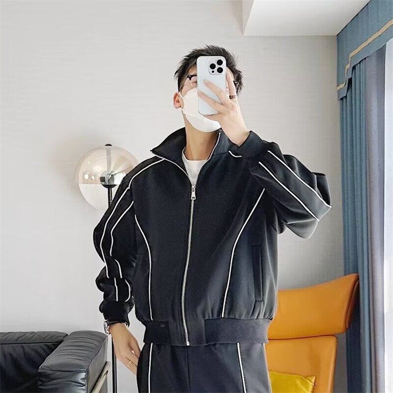 时尚高级感休闲运动套装男春秋宽松短款开衫夹克阔腿裤潮两件套男,男装夹克,星座715-4