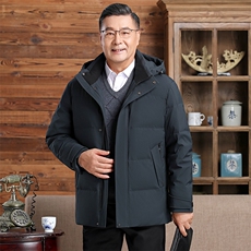 中老年羽绒服男士中长款加厚防寒中年休闲白鸭绒连帽可脱卸外套，男装羽绒服，钱塘6003（原4033）