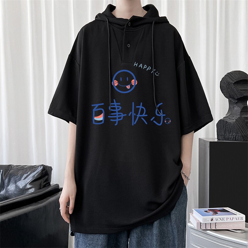 LD54183-P45连帽短袖t恤男大码胖子带帽五分袖中袖,男装T恤,电商A040