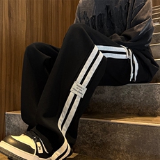 高品质港风条纹贴标休闲裤男直筒阔腿裤男WK455-特P45控68，男装休闲裤，电商B208