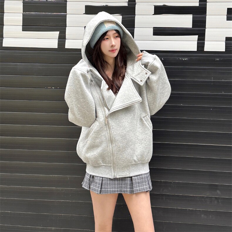 抖音得物品质26春装美式重磅结构斜拉链高领连帽卫衣开衫外套W61,女装短外套,电商A486