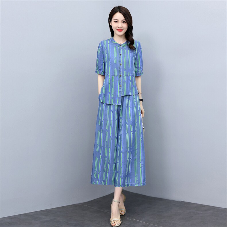 时髦洋气天丝牛仔套装女2025年夏装韩版条纹气质坠感阔腿裤两件套,女装套装/套裙,魅影