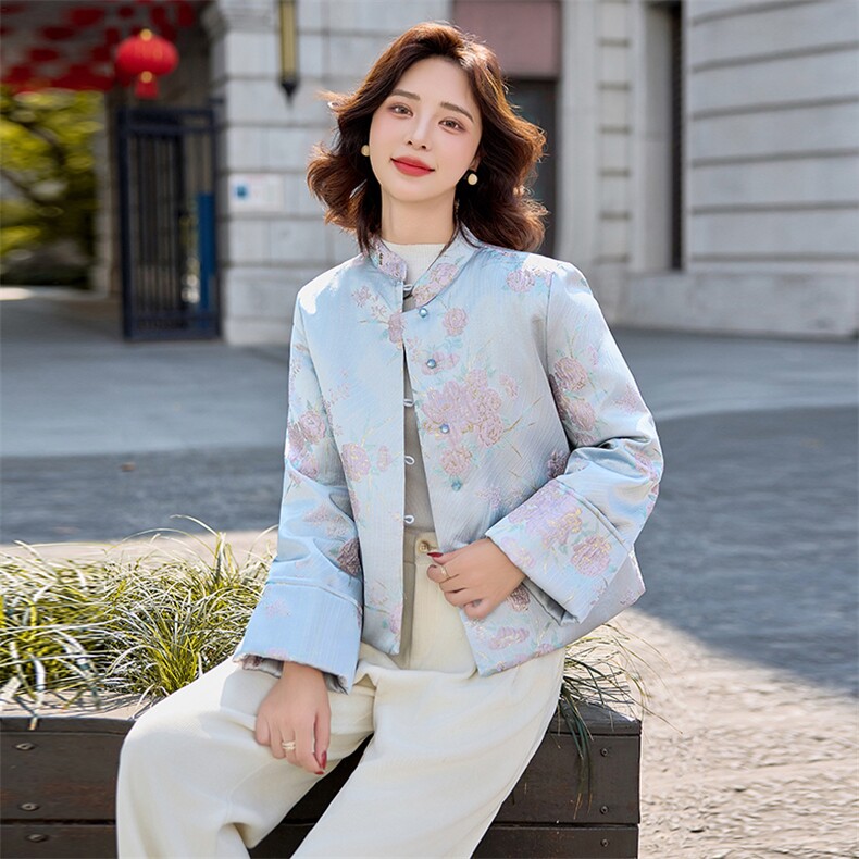 水衣源2797A款新中式提花料立体花小立领羽绒服女气质保暖外套,女装羽绒服,水衣源