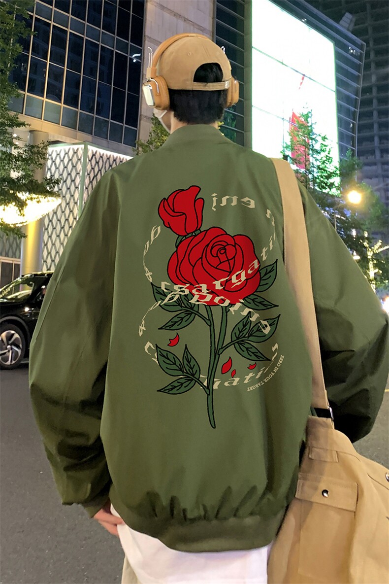 港风夜景秋款玫瑰印花宽松棒球领夹克F366特批65控98,男装夹克,电商A247