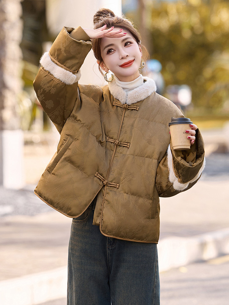新中式g风提花羽绒服女2024年冬季新款高级感气质白鸭绒短款外套,女装羽绒服,曼娅璐