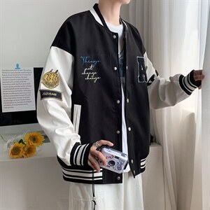 vibe美式棒球服男春秋黑白拼接飞行员夹克毛呢布皮袖BJ309P65图片
