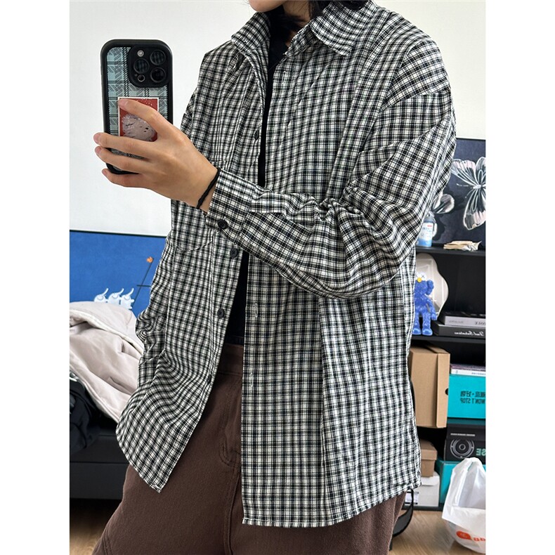 现货格子衬衫新款潮流日系情侣格子春秋衬衫休闲衫CS067-P45,男装衬衫,星座301C-5