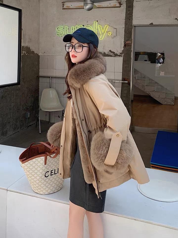 2021冬季女可拆卸内胆獭免毛狐狸毛领袖口中长款派克服,女装其它,L·H·X