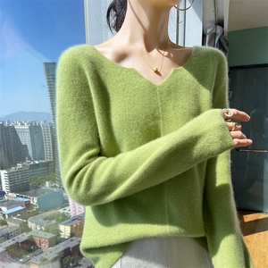 秋冬新款纯色V领衫女套头提花毛衣100羊毛针织减龄百搭打底衫图片
