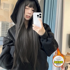 480G重磅加绒硬挺boxy男女美式高街卫衣铆钉杜宾犬耳朵开衫厚外套，女装短外套，电商A486-1