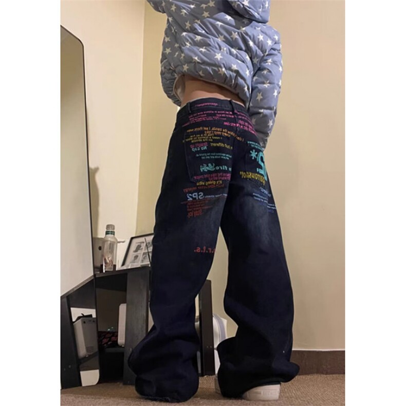 彩色字母标语阔腿牛仔裤女秋冬宽松休闲直筒拖地长裤NZ9048,男装牛仔裤,星座1116A（原606A-3）