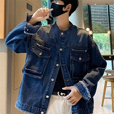 港风秋款男立领牛仔夹克衫工装大口袋拉链流苏宽松外套JK061P75，男装夹克，星座1013-1