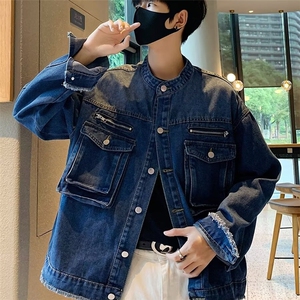 港风秋款男立领牛仔夹克衫工装大口袋拉链流苏宽松外套JK061 P75图片