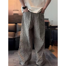 网图有货夏季肌理感泡泡格子裤男女垂感宽松阔腿休闲裤A677-P45，男装休闲裤，星座1505