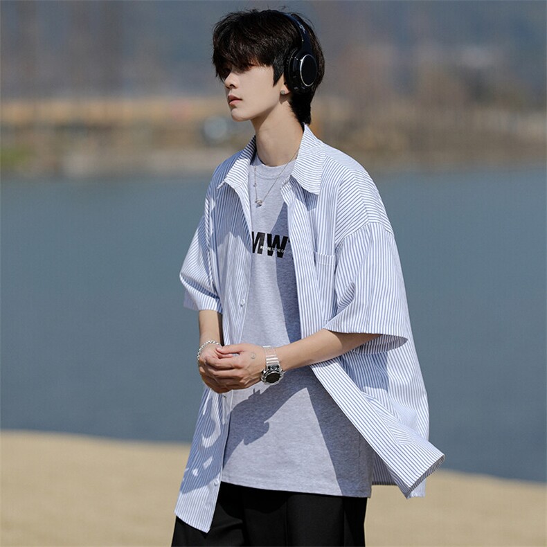 8XL-M条纹短袖衬衫男夏季宽松慵懒风痞帅大码衬衣外套DC28001P40,男装衬衫,电商B312