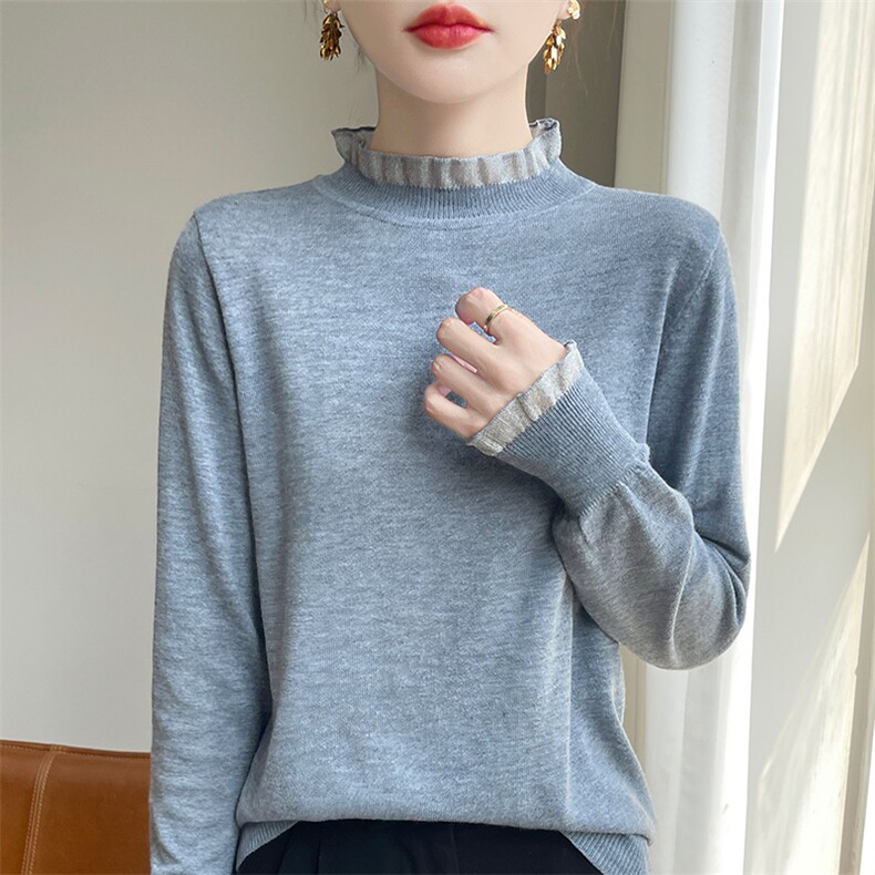 半高花边领纯色打底衫2024年秋冬女士针织衫新款,针织衫/毛衣,皓宇羊绒