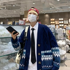 复古拼接菱格V领开衫毛衣宽松潮牌针织衫外套，男装针织衫/毛衣，星座410-7