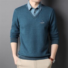 中年男士加绒纯色长袖假两件打底秋季翻领男装针织衫HPNAK252-P90,男装针织衫/毛衣,电商B212（原钱塘6029）