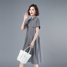 2021年夏季中长款格子套头A字裙40-49周岁POLO领韩版裙子高腰，女装连衣裙，伊满意
