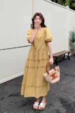 法式巨好看泡泡袖黄色连衣裙女夏2025新款长裙今年流行爆款温柔风，女装连衣裙，2C029