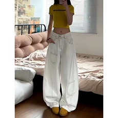 美式高街白色设计感弯刀牛仔裤女春夏新款宽松显瘦高腰阔腿拖地裤，男装牛仔裤，星座506A