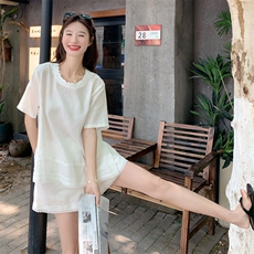 白色韩版时尚棉麻套装女2025夏季洋气减龄短袖上衣+短裤两件套，女装套装/套裙，2D076