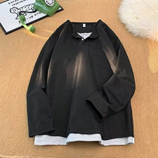 春季华夫格假两件长袖T恤男cleanfit慵懒简约休闲宽松圆领体恤衫，男装T恤，星座601-1