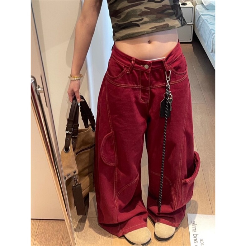 美式红色弯刀复古女解构明线设计感阔腿宽松工装裤子K0185-P63,男装工装外套,星座308B-2