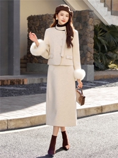 小香风羽绒服套装女冬季2025新款气质富家千金真狐狸毛毛呢套装裙，女装套装/套裙，煊芮熙