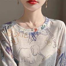 花色圆领新款针织吊带女长袖简约百搭宽松套头上衣，女装针织衫/毛衣，绒宛羊绒