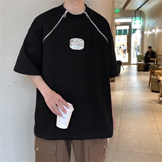 港风美式垫肩设计T恤男大码拉链WANG金属质感字母DT8791P55控78，男装T恤，星座227-7