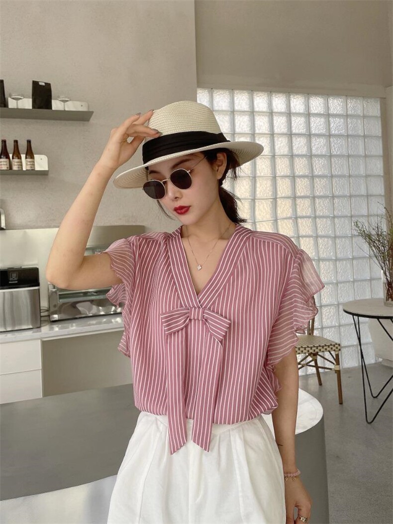 【夏季新款】木耳边条纹短袖上衣，其它，艾绮雪影