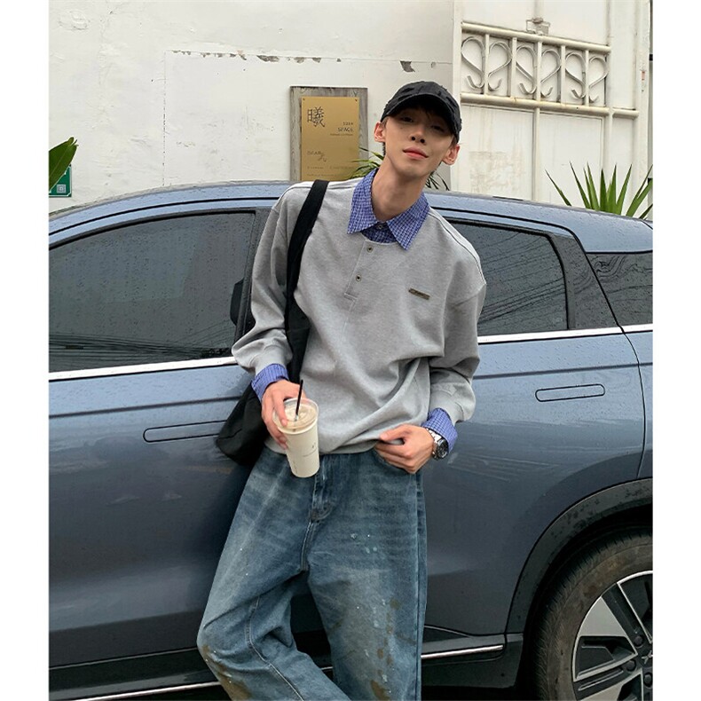 抖音品质高质量现货假两件拼接衬衫领长袖卫衣88,男装衬衫,星座807