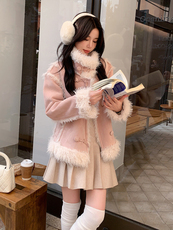 现货主推皮毛一体加厚粉色翻领210-6361-P195-K288公主风，女装羊羔毛/颗粒绒，韩蜜菓