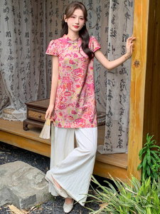 新中式g风套装女夏高级感复古提花时尚洋气减龄显瘦阔腿裤两件套图片