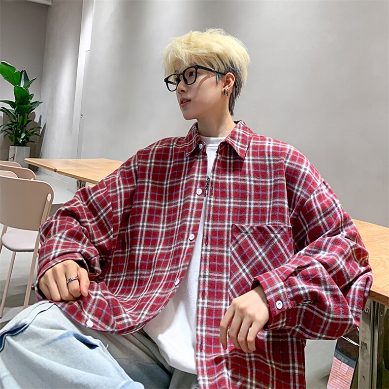 衬衣男秋季新款港风宽松大码磨毛格子长袖衬衫CS530-P38，男装衬衫，星座214-3