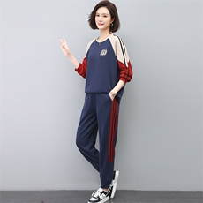 春秋新款韩版宽松大码显瘦两件套复古拼色休闲运动套装女，女装套装/套裙，忆绮罗