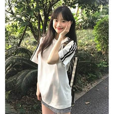 抖音得物品质二开240克宽松纯棉美式潮牌印花三条杠中性风短袖T恤，男装T恤，电商A486