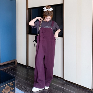 紫色休闲学院风背带裤女春秋2025年新款韩版小个子减龄工装阔腿裤图片