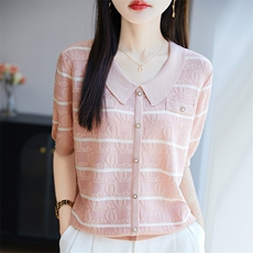 小香风提花翻领短袖t恤女夏新款宽松显瘦百搭气质条纹polo领上衣，女装针织衫/毛衣，郡淞羊绒