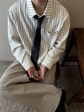 美式潮牌高街复古泡泡纱竖条纹日系肌理长袖衬衫男女休闲宽松衬衣，男装衬衫，电商A443