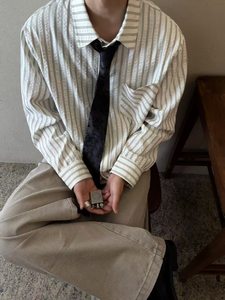 美式潮牌高街复古泡泡纱竖条纹日系肌理长袖衬衫男女休闲宽松衬衣图片