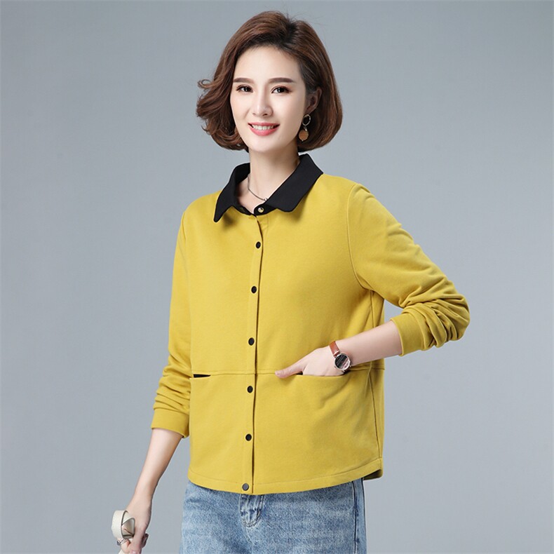 秋季短款外套polo领2021新款修身显瘦单排扣拼色上衣40-49周岁，女装短外套，伊满意
