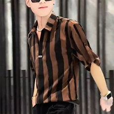 条纹衬衫男士短袖夏季冰丝男装痞帅V领七分中袖衬衣CA6725，男装T恤，星座1116A（原606A-3）