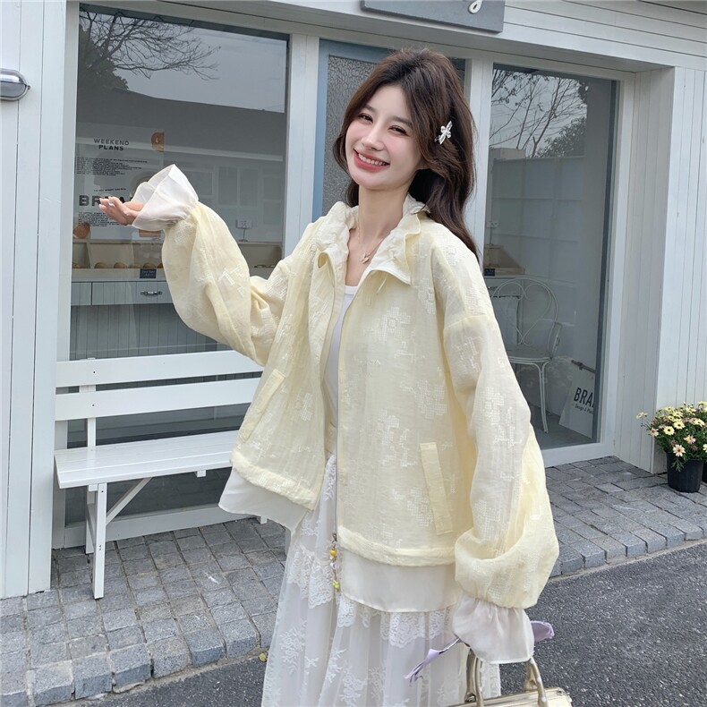 韩版休闲风薄款蕾丝短外套女春夏宽松拉链翻领长袖减龄防晒衣,女装防晒衣,维壹