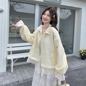 韩版休闲风薄款蕾丝短外套女春夏宽松拉链翻领长袖减龄防晒衣图片