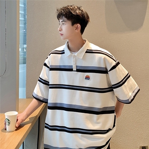 美式条纹短袖polo衫男女大码港风翻领短袖T恤男DP77010P50控78图片