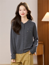 针织连帽开衫毛衣时尚外套长袖2025羊毛针织衫新款宽松洋气上衣，女装羊毛衫，艾米