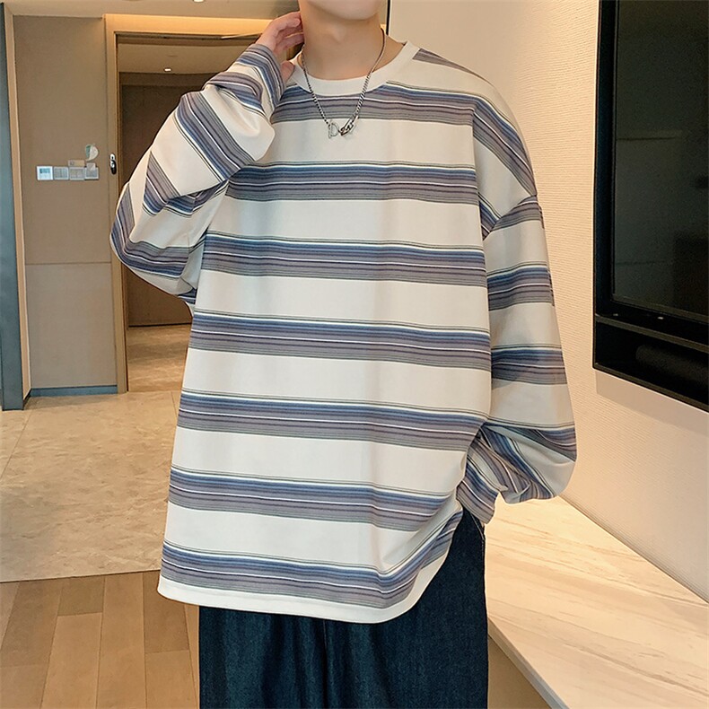 港风麂皮绒圆领条纹拼接卫衣男宽松长袖T恤打底衫Y5532P45,男装T恤,星座1204-3